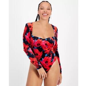 Bar III Velvet Dark Floral Bodysuit Sz Large | Long Sleeve Black Red Romantic